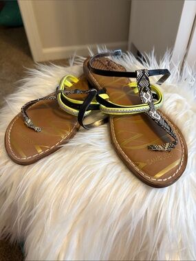 Sam Edelman Black and Neon Yellow Strappy Flat Sandals